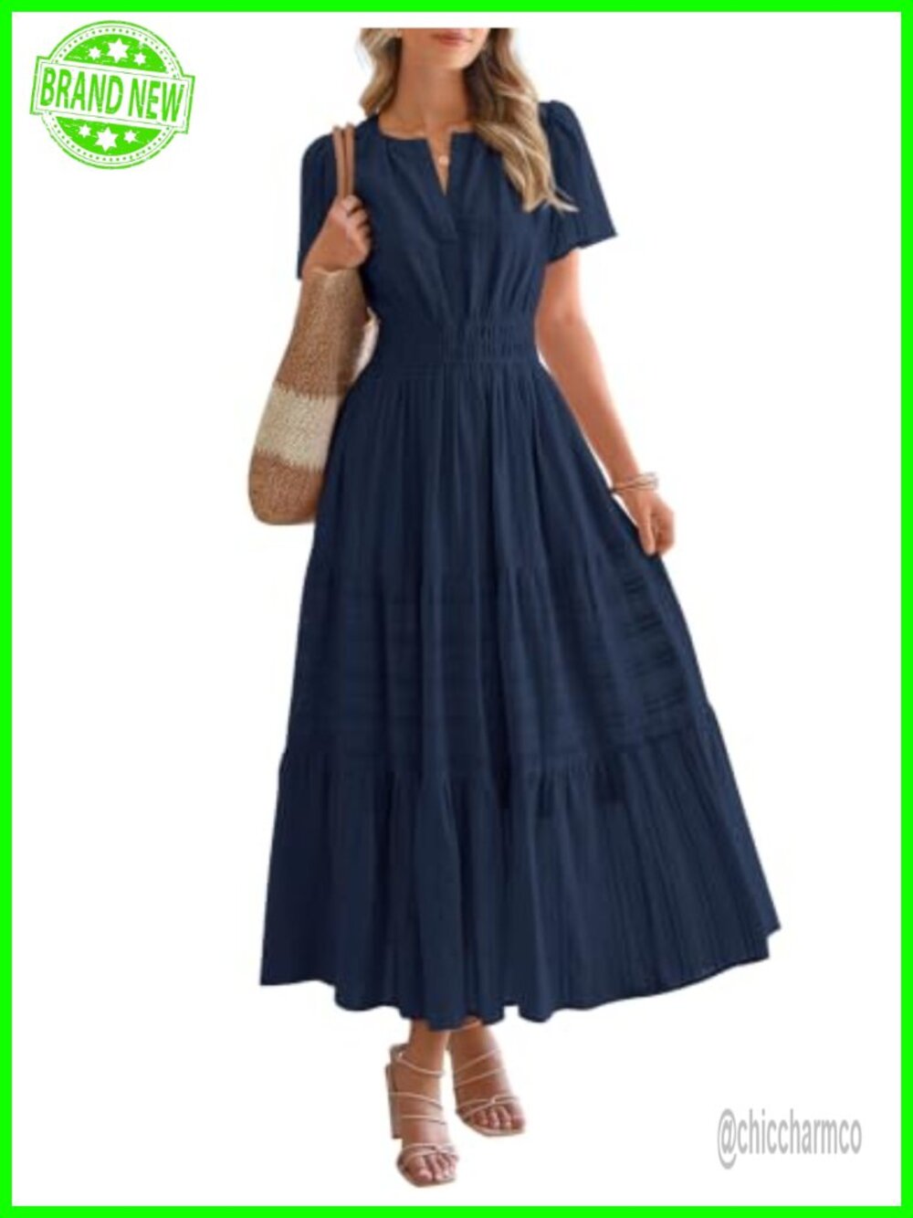 Womens Summer Casual Maxi Dress Lightweight Short Sleeve V Neck